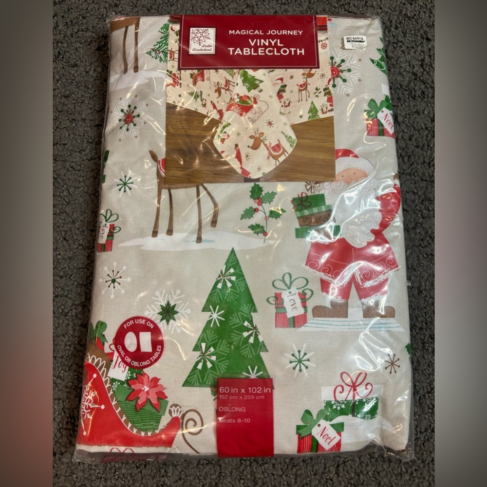 Christmas Winter Wonderland Magical Journey Santa Vinyl Tablecloth 60” x 102”